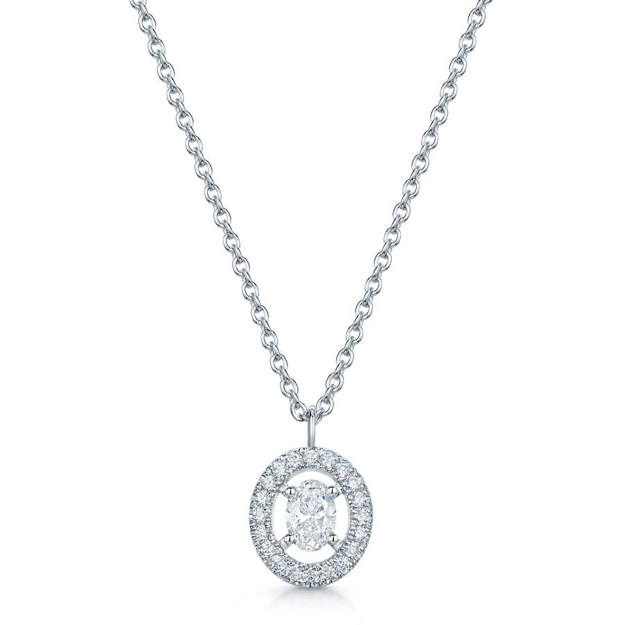 18ct White Gold Oval Diamond Halo Pendant & Earring Set