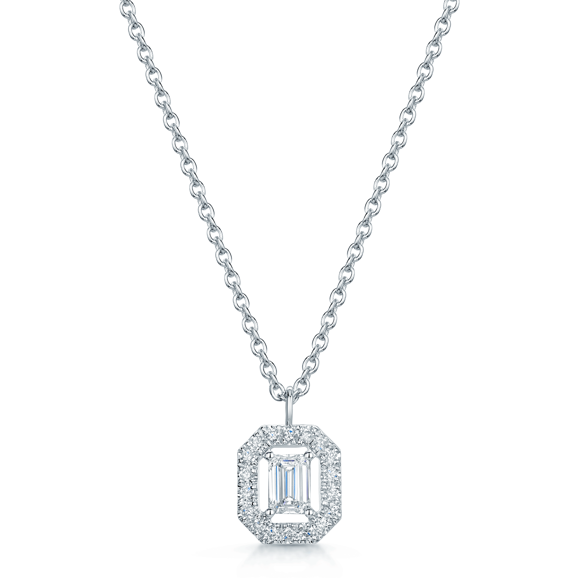 18ct White Gold Emerald Cut Diamond Cluster Pendant