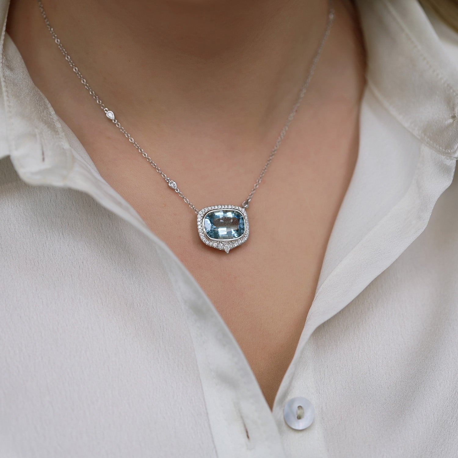 Berry's 18ct White Gold Aquamarine And Diamond Halo Pendant - Berry's Jewellers