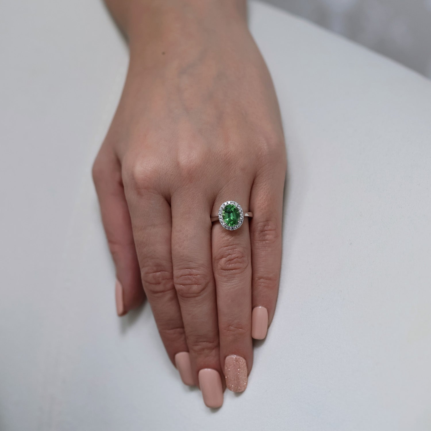 Berry's Platinum Chrome Green Tourmaline And Diamond Oval Halo Ring - Berry's Jewellers