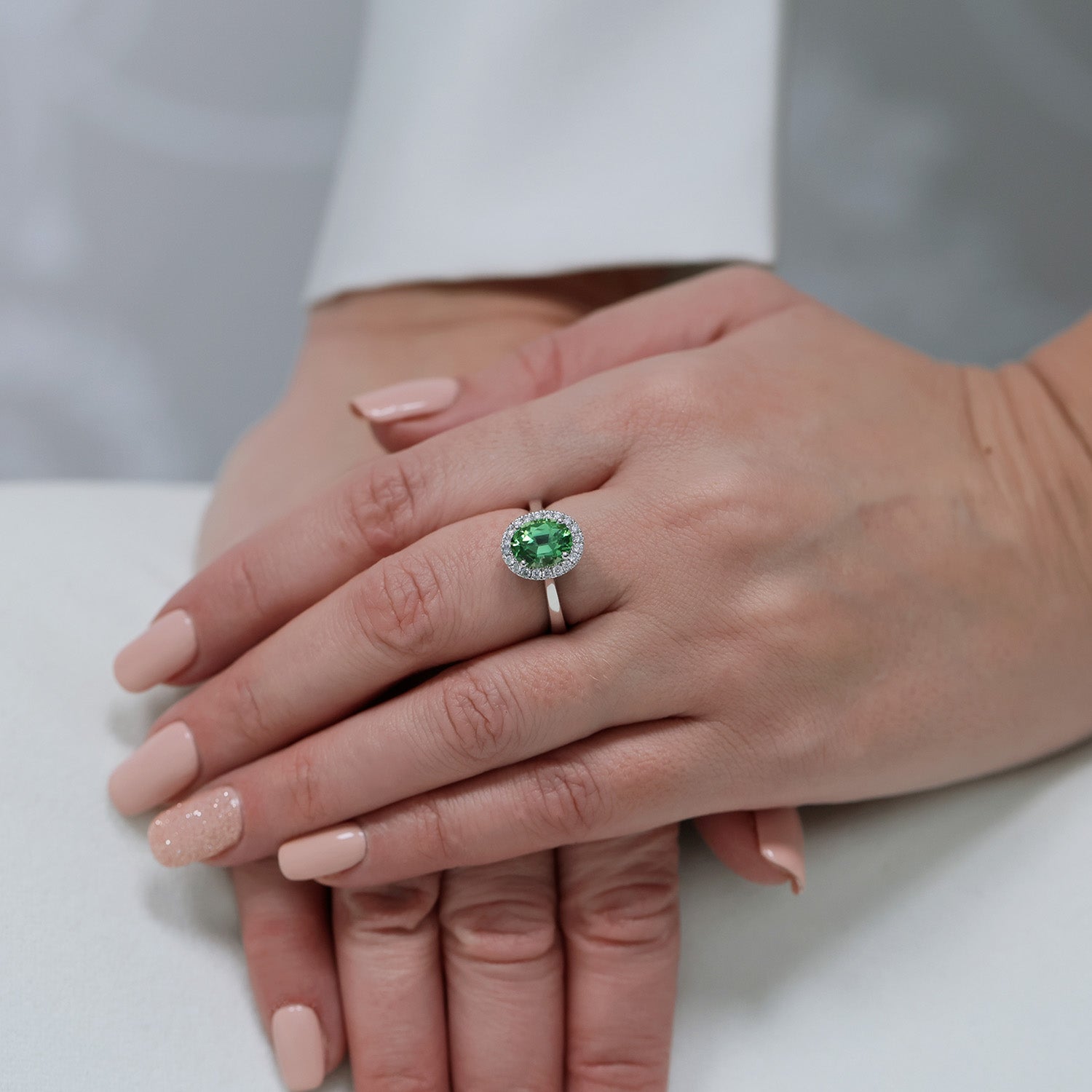 Berry's Platinum Chrome Green Tourmaline And Diamond Oval Halo Ring - Berry's Jewellers