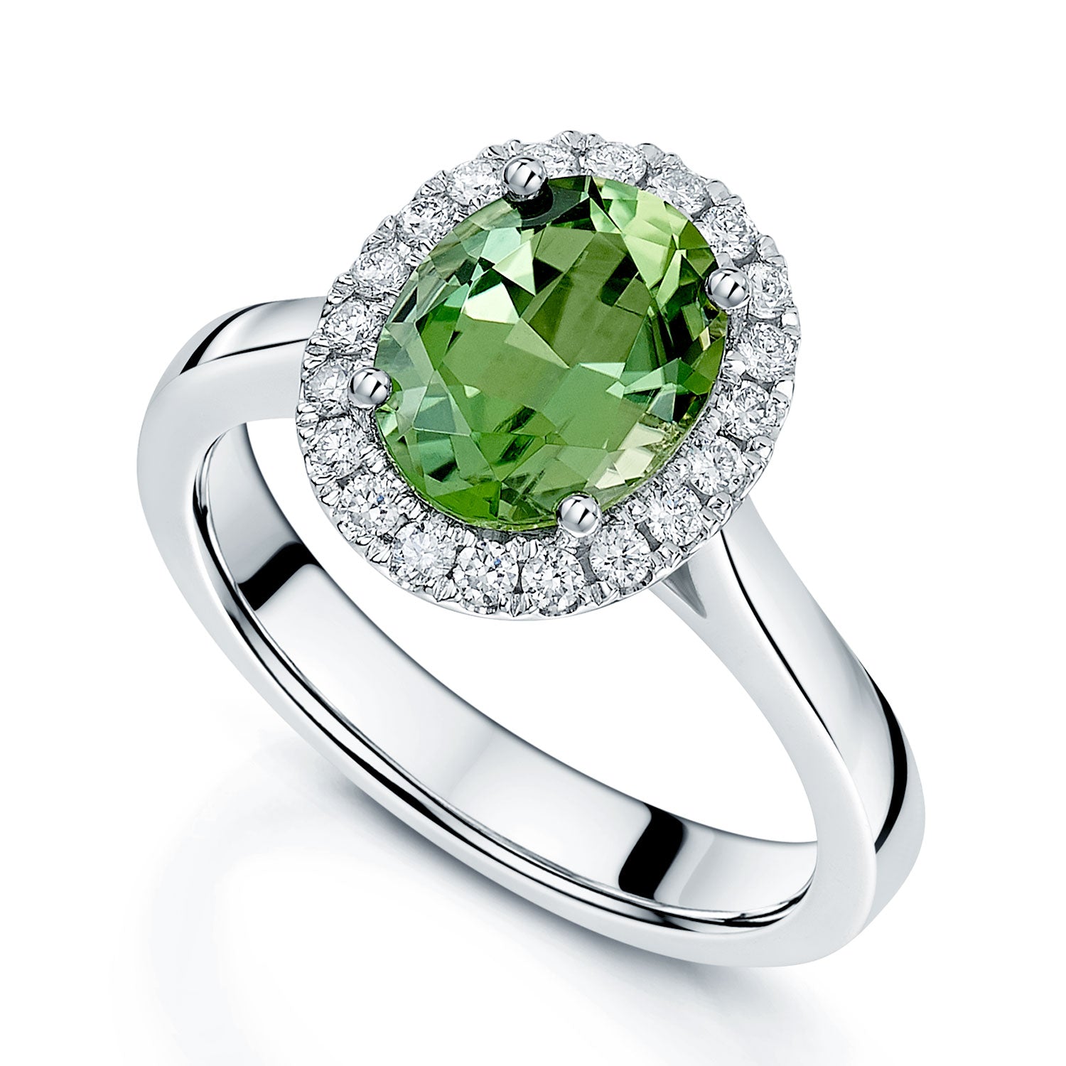 Platinum Chrome Green Tourmaline And Diamond Oval Halo Ring