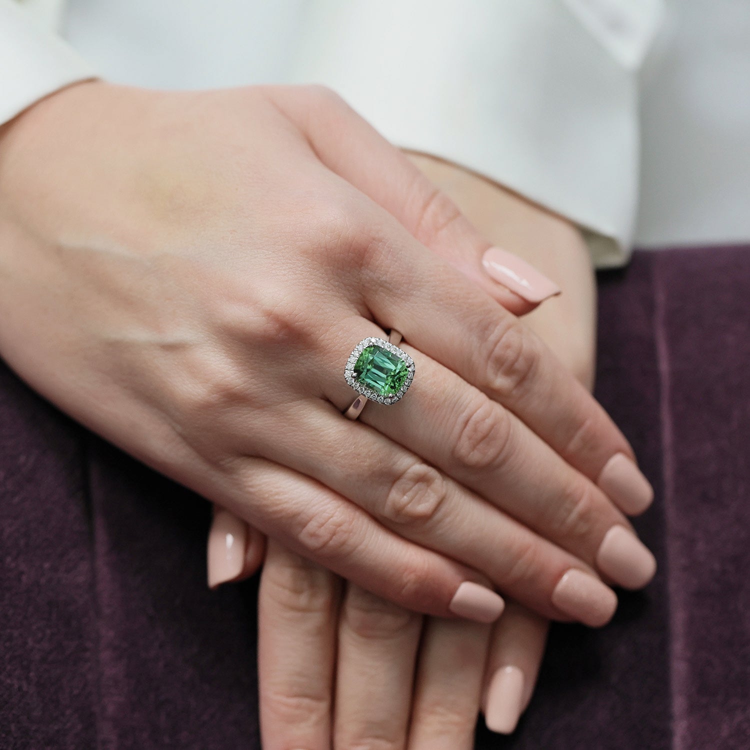 Berry's Platinum Mint Green Tourmaline And Diamond Halo Ring - Berry's Jewellers