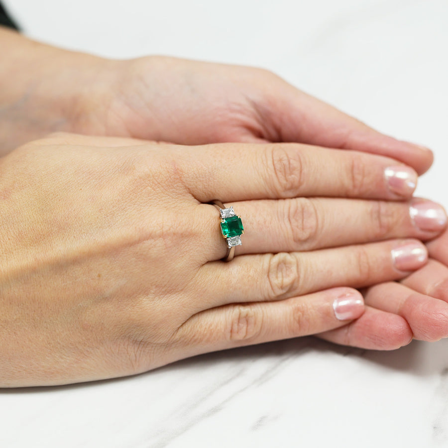 18ct White Gold Emerald And Diamond Three Stone Ring