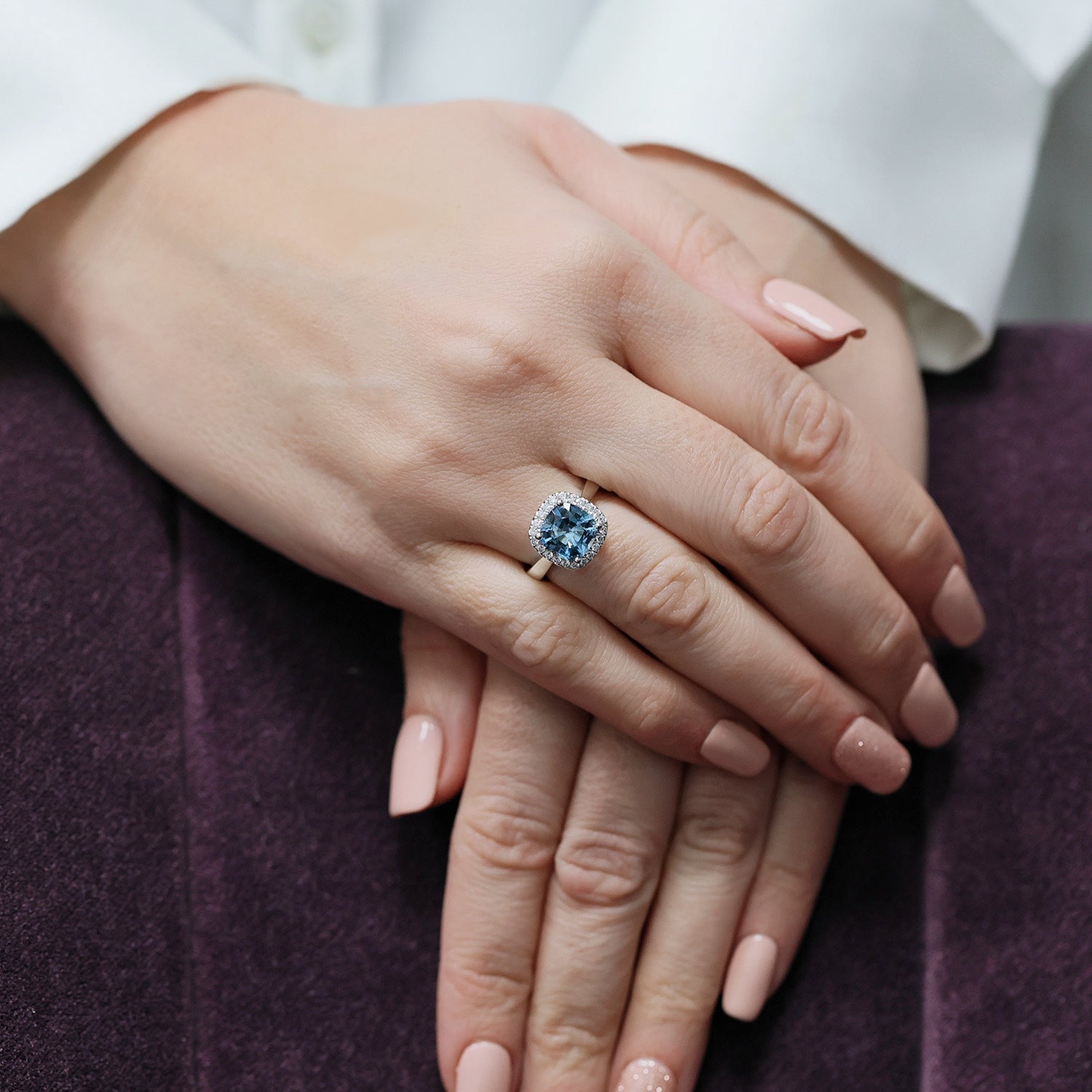 Berry's Platinum Cushion Cut Aquamarine And Diamond Halo Ring - Berry's Jewellers