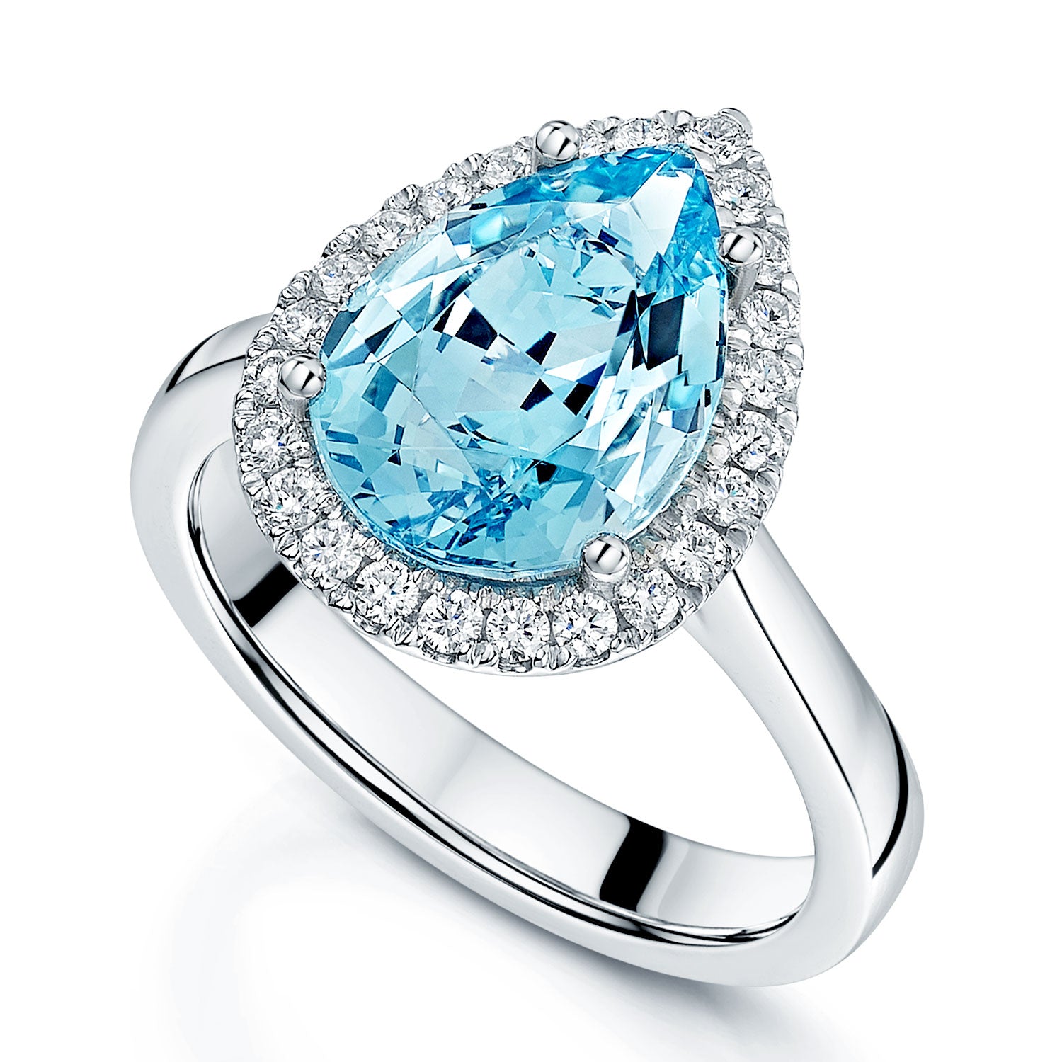 Platinum Pear shaped Aquamarine And Diamond Halo Ring