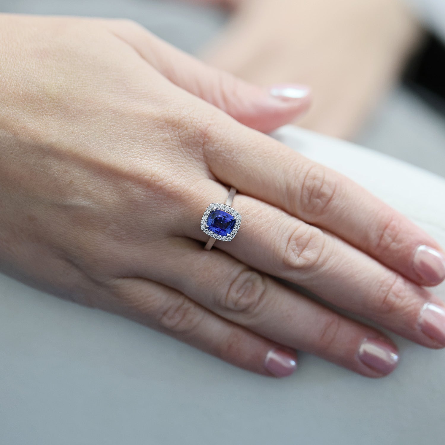 18ct White Gold Sapphire And Diamond Halo Ring