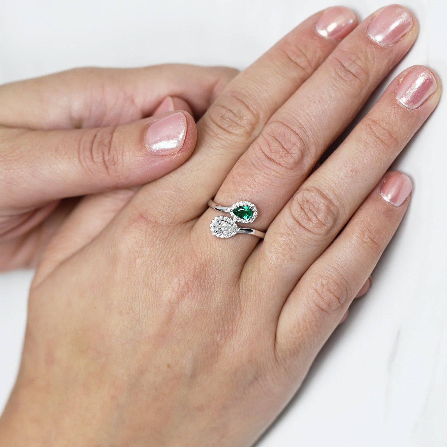 18ct White Gold Emerald And Diamond Toi Et Moi Ring