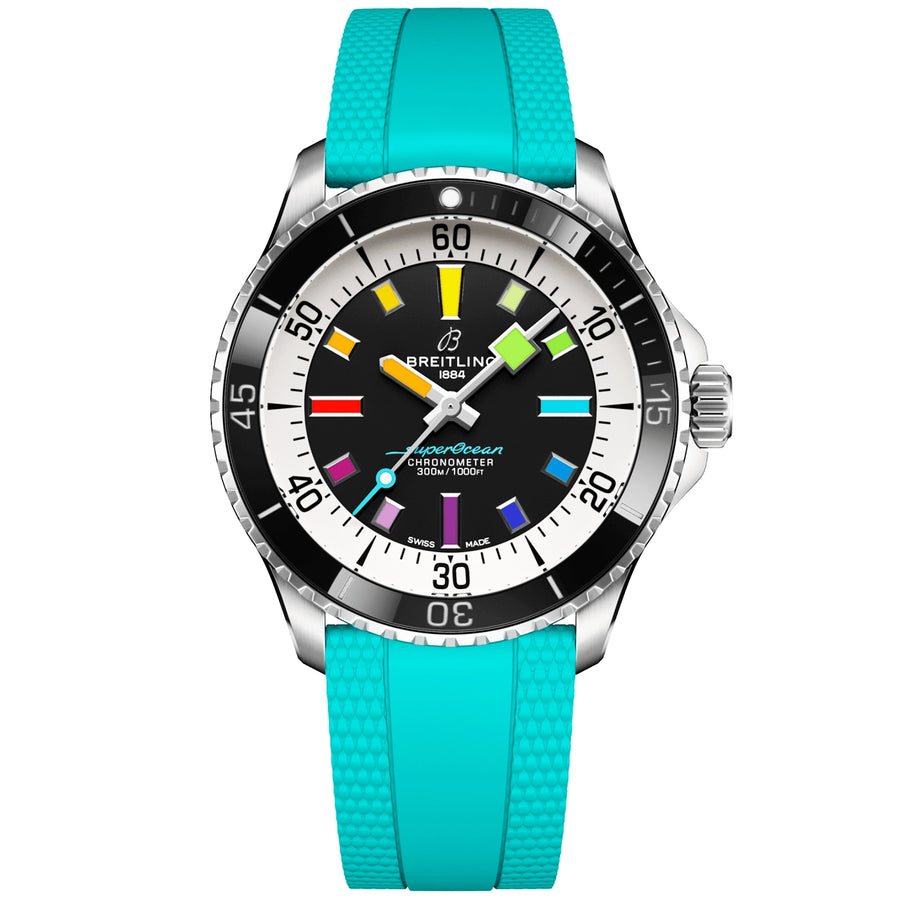 Superocean 42mm Rainbow Dial Automatic Turquoise Strap Watch