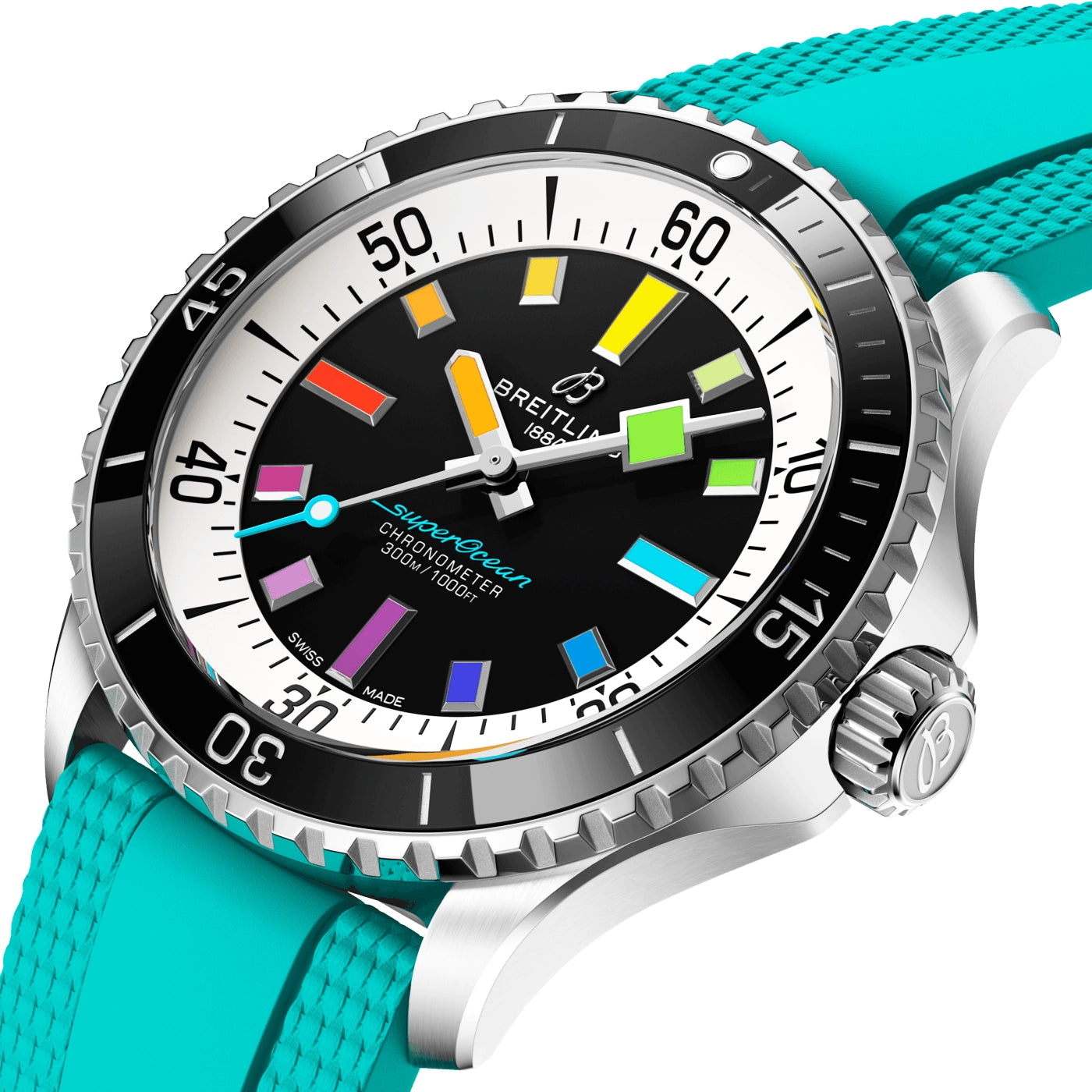 Superocean 42mm Rainbow Dial Automatic Turquoise Strap Watch