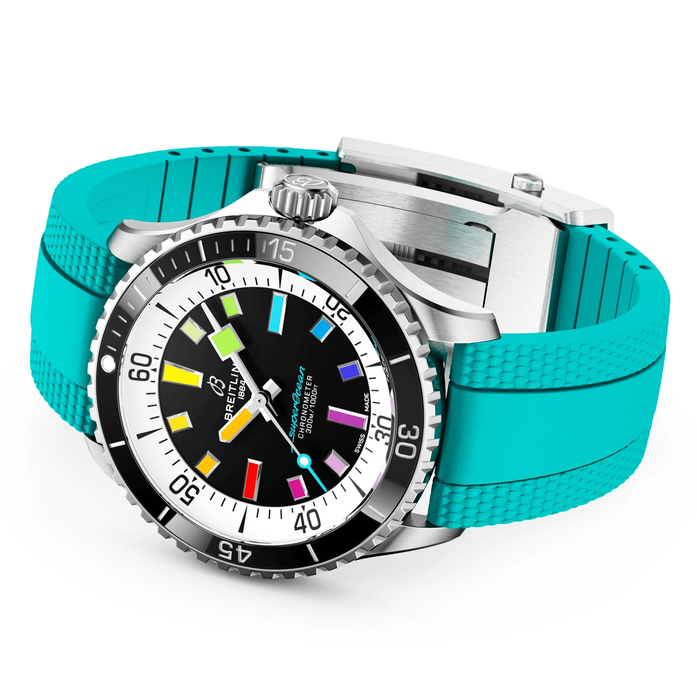 Superocean 42mm Rainbow Dial Automatic Turquoise Strap Watch