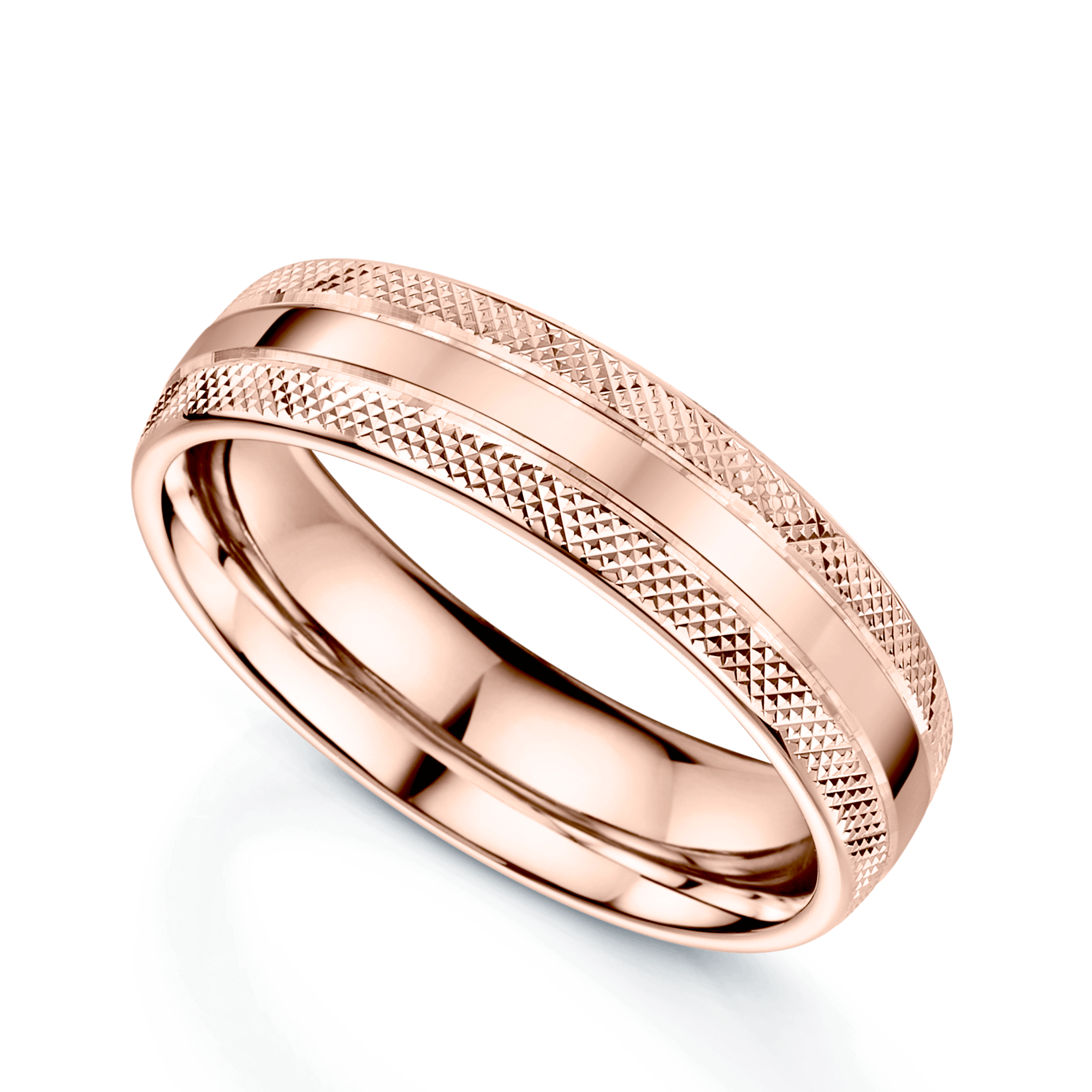 18ct Rose Gold Polished Criss-Cross Patterned Edge Court Shape Wedding Ring
