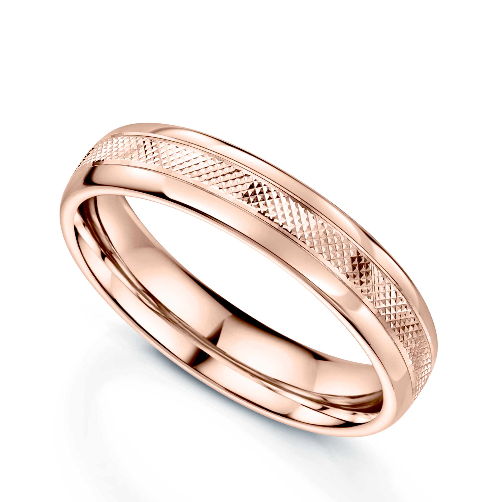 18ct Rose Gold Criss-Cross Patterned Polished Flat Court Shape Wedding Ring