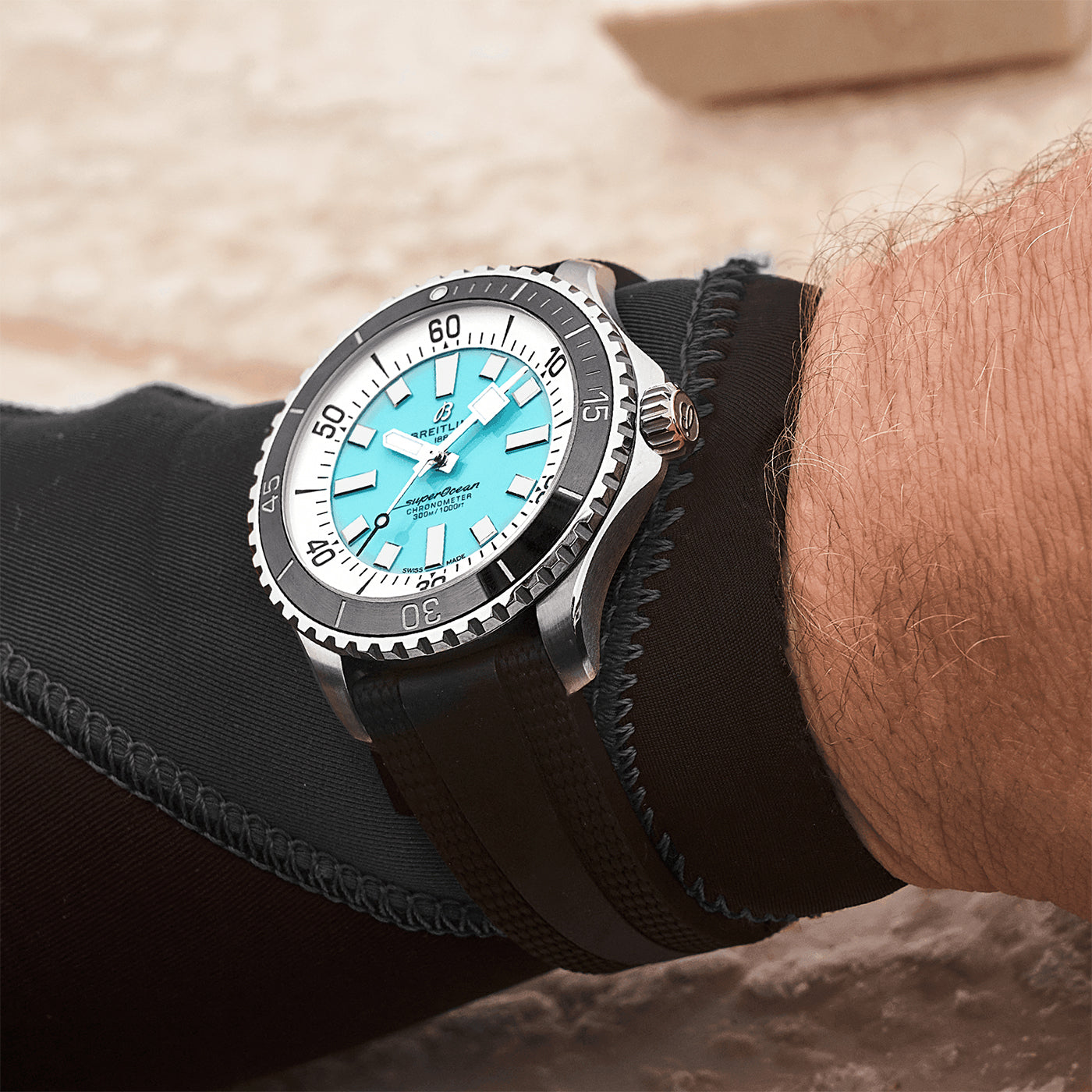 Breitling Superocean 44mm Turquoise Dial Men's Automatic Strap Watch - Berry's Jewellers