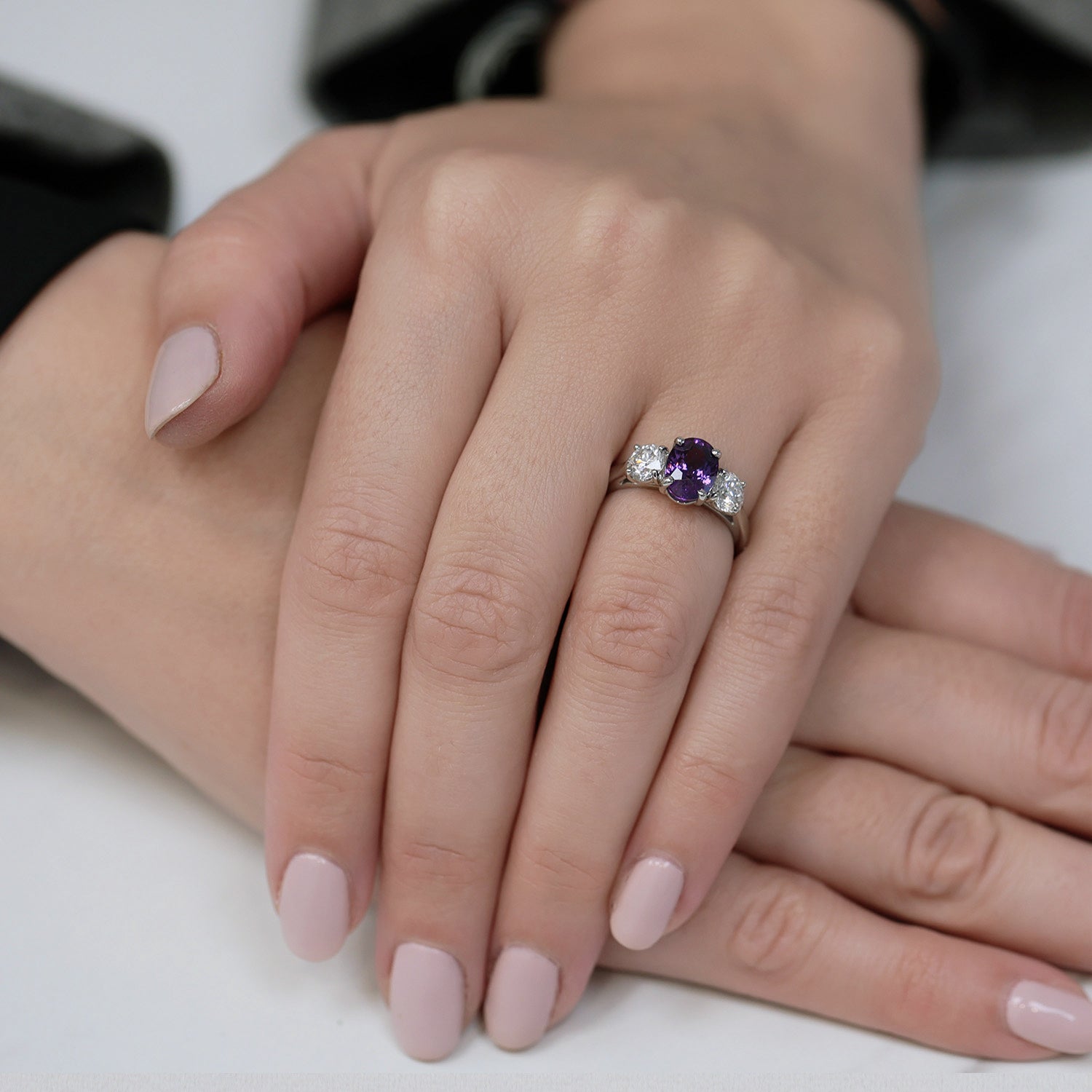 Berry's Platinum Oval Cut Purple Sapphire And Round Brilliant Cut Diamond Three Stone Ring - Berry's Jewellers