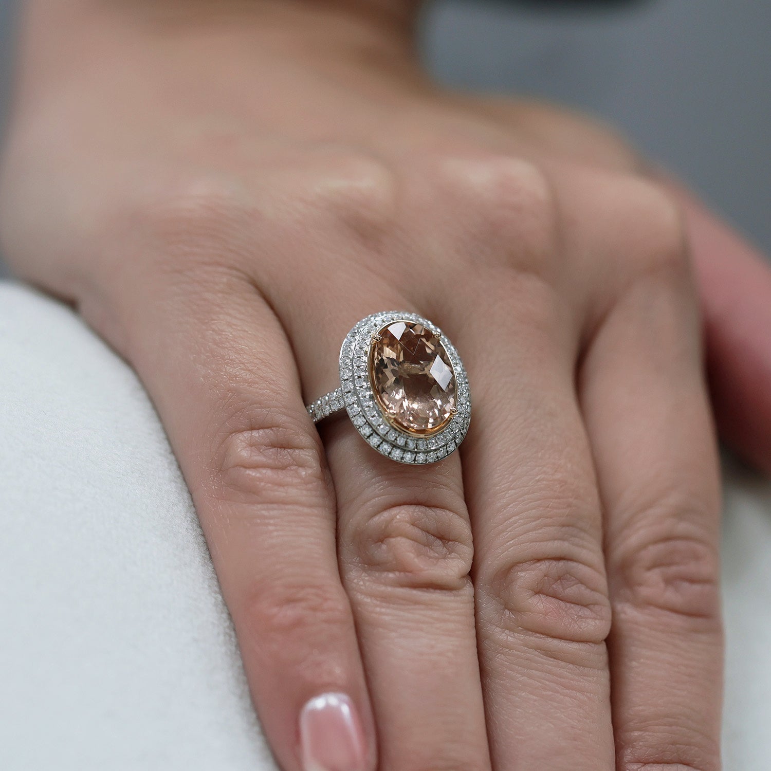 18ct White Gold Oval Morganite & Diamond Double Halo Ring