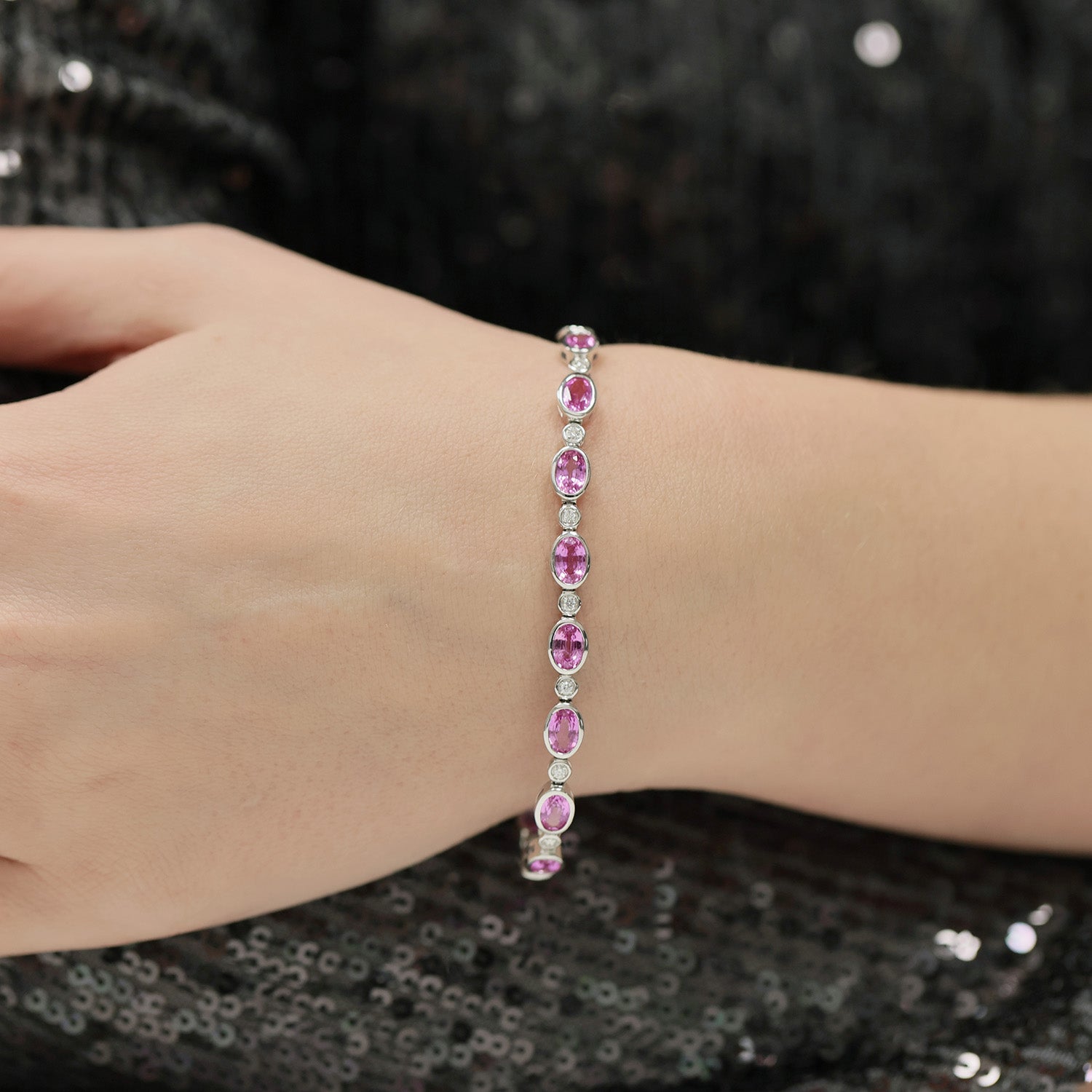 Berry's 18ct White Gold Oval Pink Sapphire & Diamond Rubover Set Tennis Bracelet - Berry's Jewellers