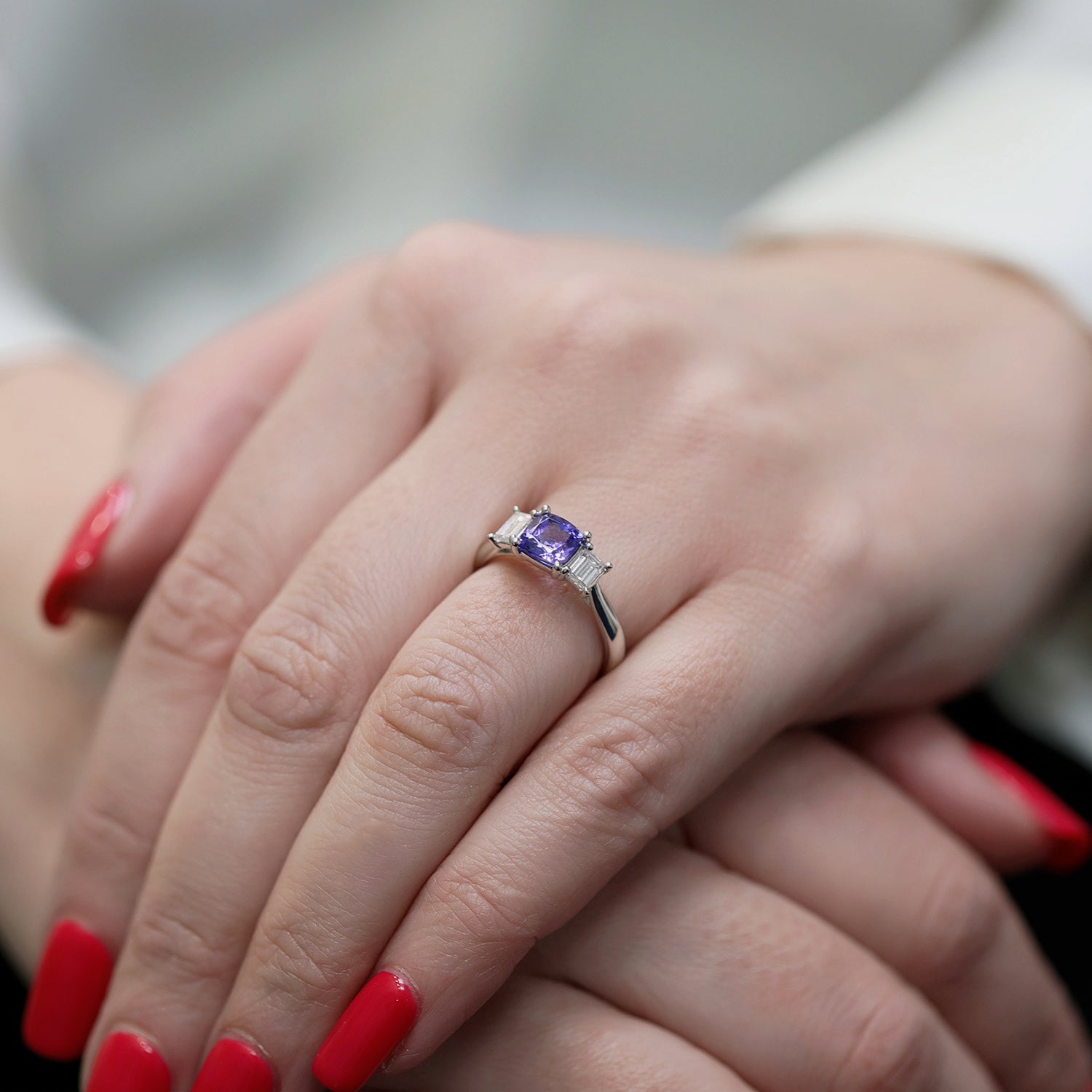 Berry's Platinum Cushion Cut Tanzanite And Baguette Cut Diamond Three Stone Dress Ring - Berry's Jewellers