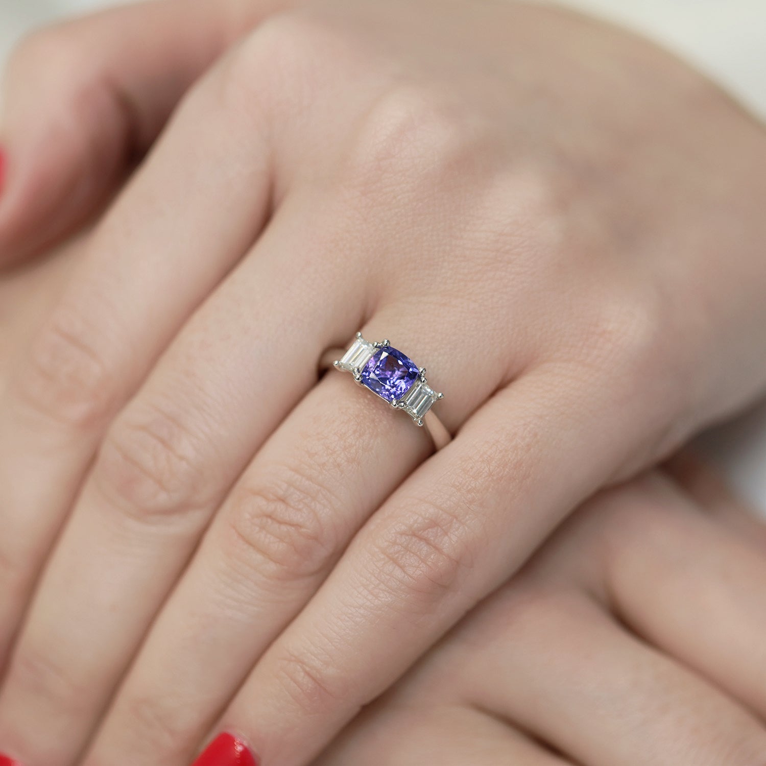 Berry's Platinum Cushion Cut Tanzanite And Baguette Cut Diamond Three Stone Dress Ring - Berry's Jewellers