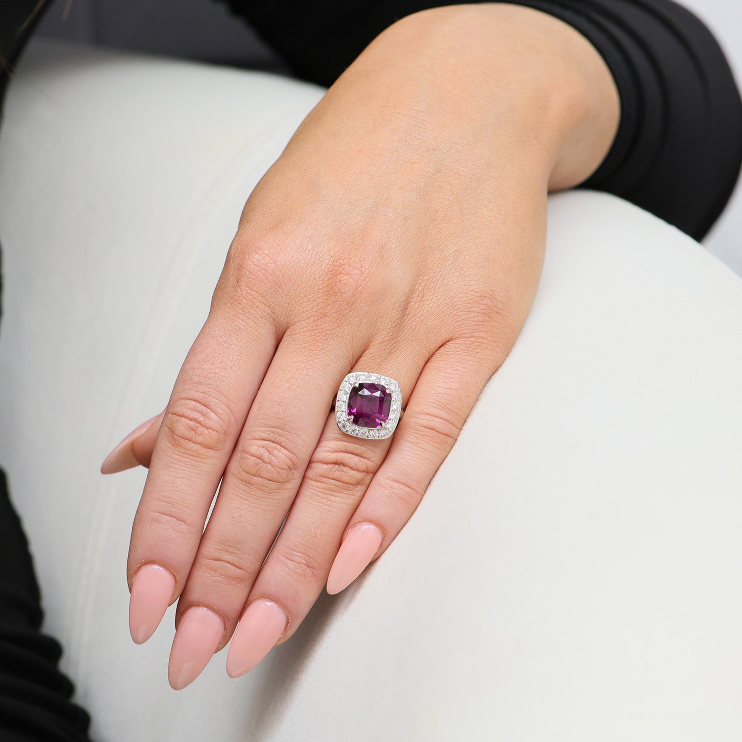 Platinum Cushion Cut Rhodolite Garnet And Round Brilliant Cut Diamond Halo Ring