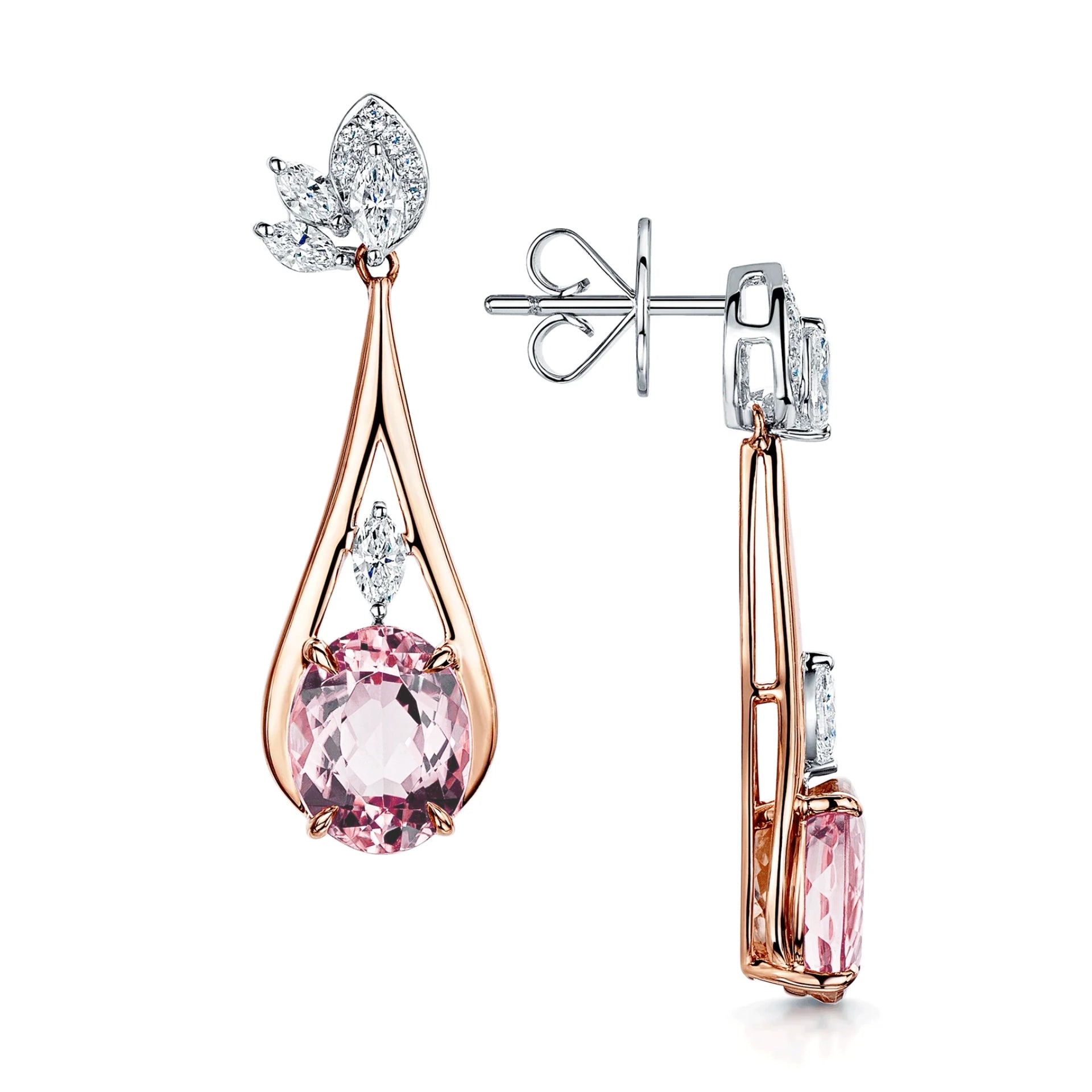 18ct Rose & White Gold Oval Cut Pink Tourmaline & Marquise Cut Diamond Drop Earrings