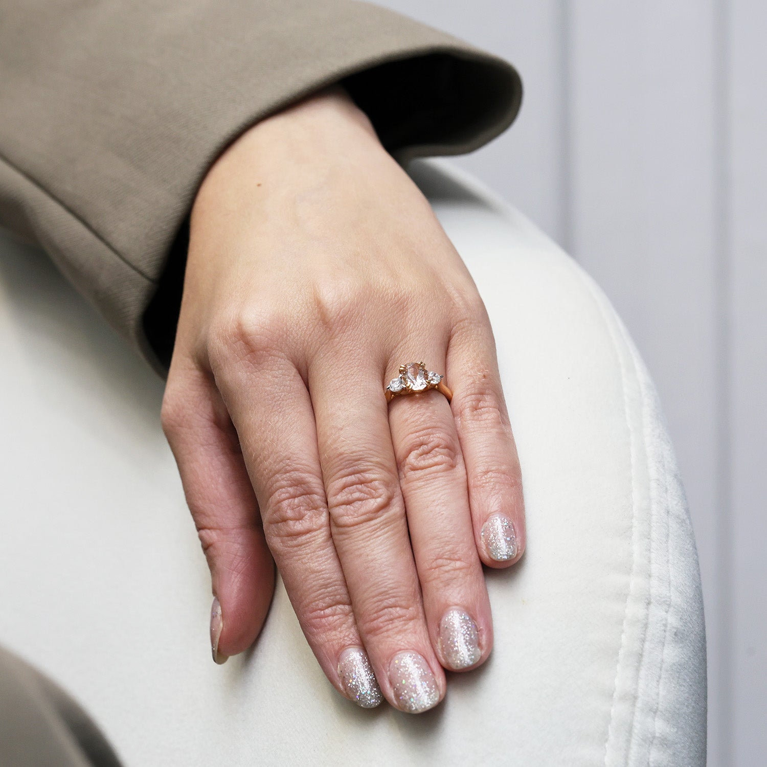 18ct Rose Gold Oval Morganite And Diamond Three Stone Ring