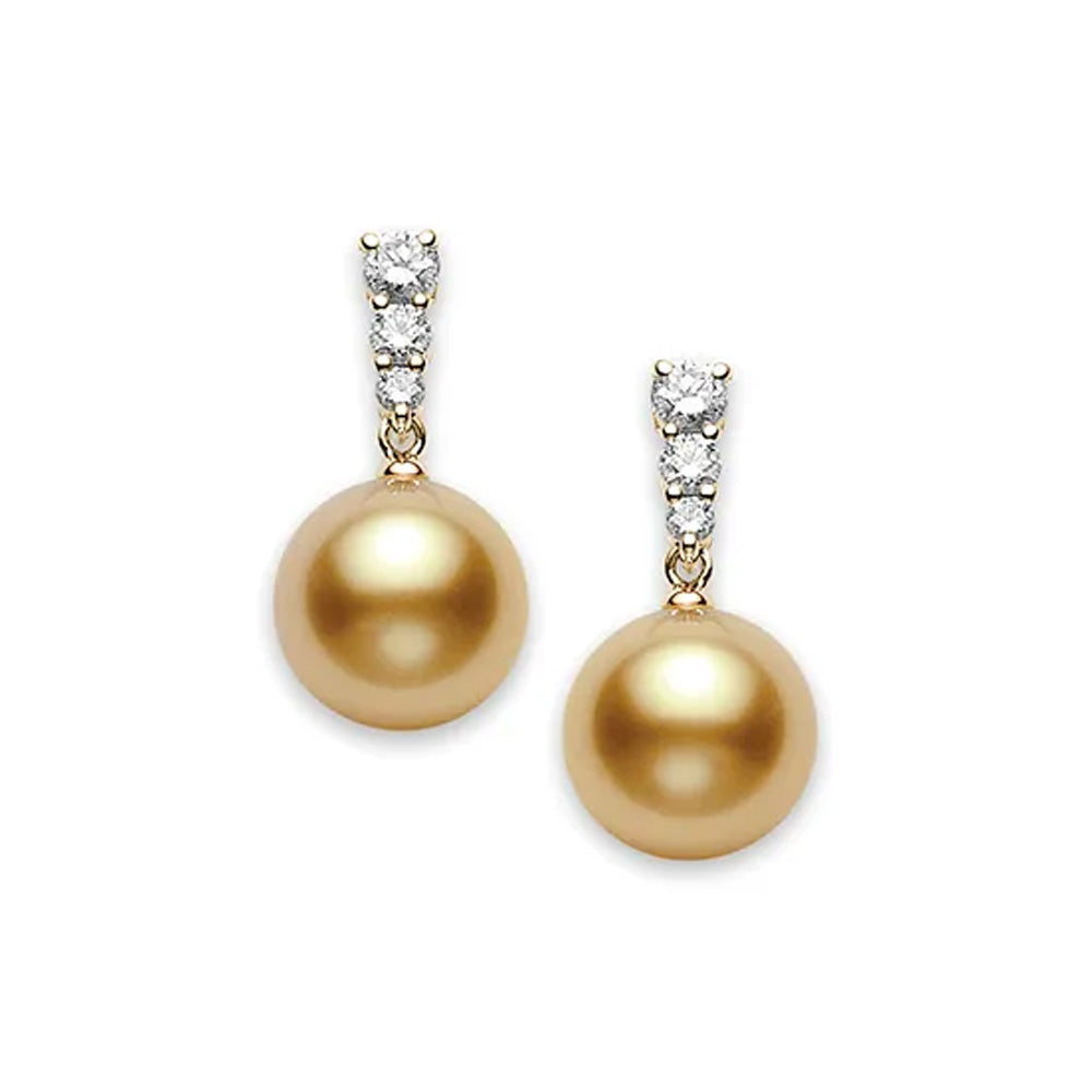 Morning Dew 18ct Yellow Gold Golden South Sea Pearl And Round Brilliant Cut Diamond Graduated Stud Earrings