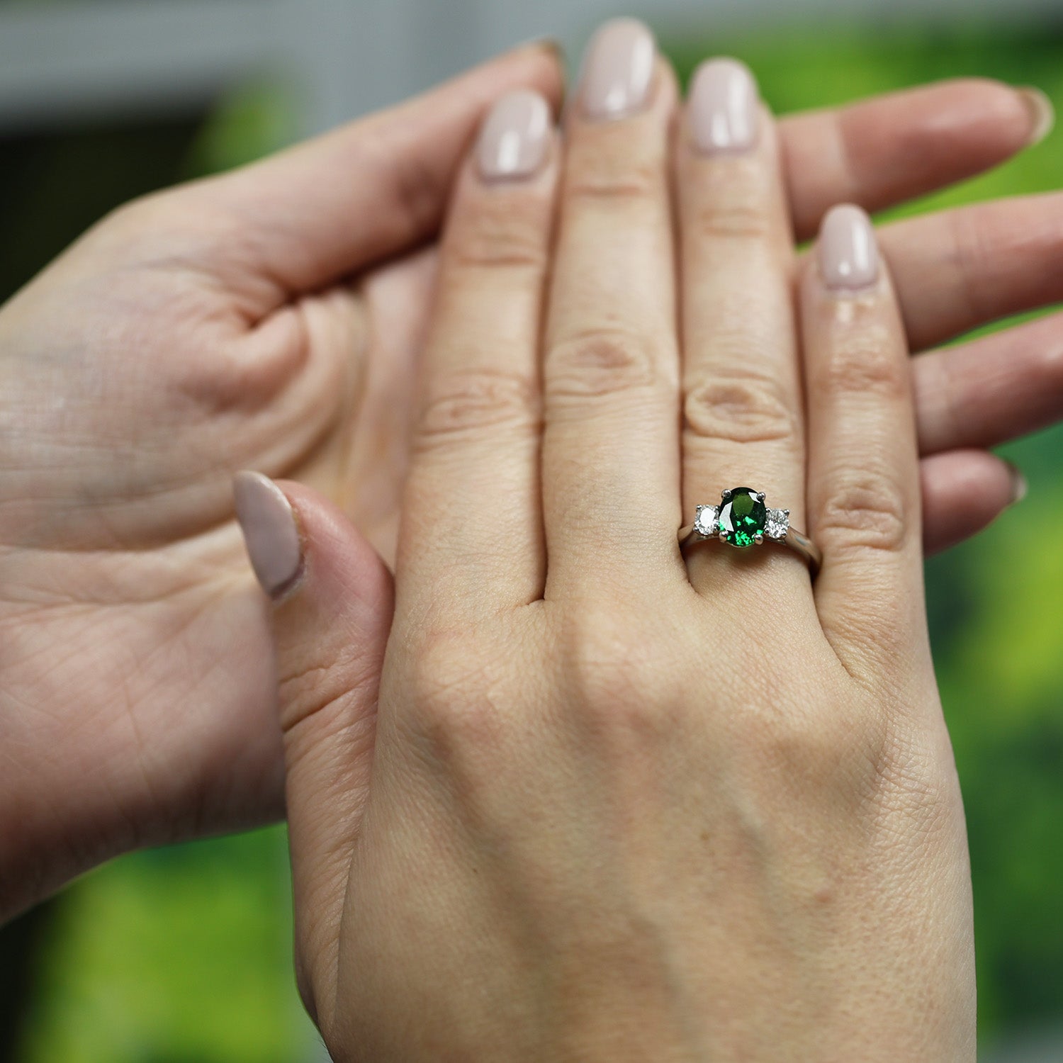 Platinum Oval Cut Tsavorite And  Diamond Three Stone Ring