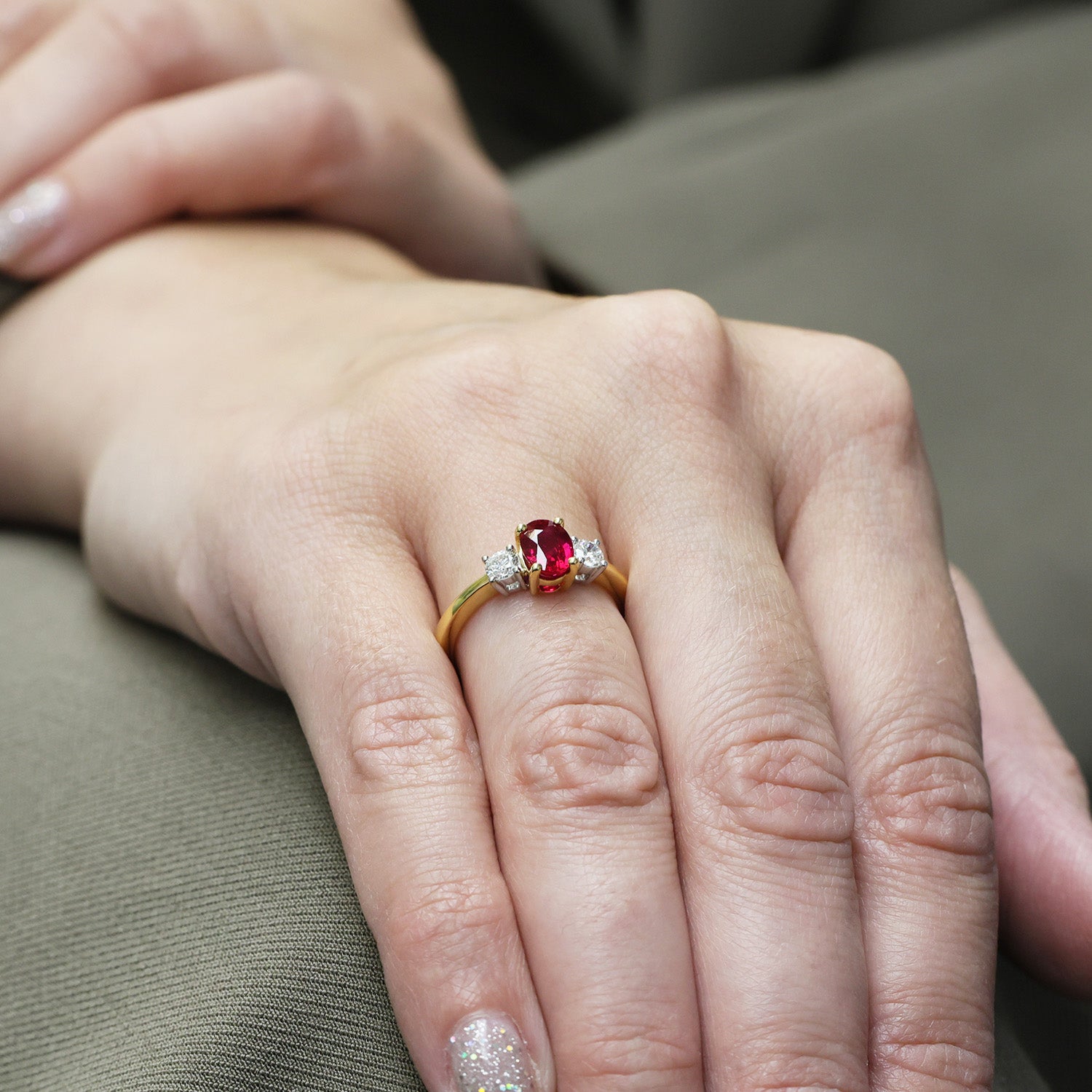 18ct Yellow Gold Oval Ruby and Diamond Three Stone Ring