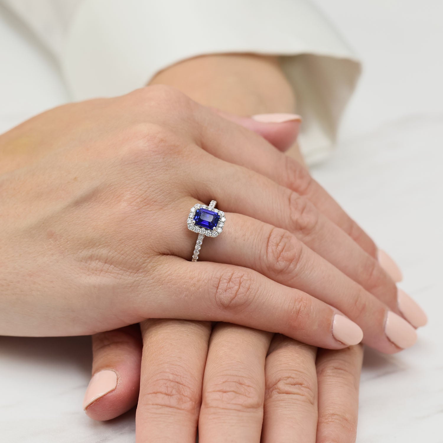 Platinum  Sapphire And Diamond Halo Ring With Diamond Shoulders