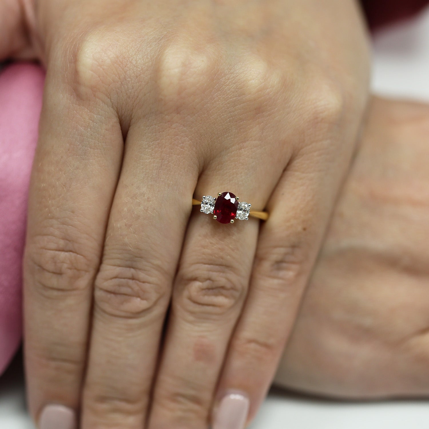 18ct Yellow Gold Oval Cut Ruby And Diamond Three Stone Ring