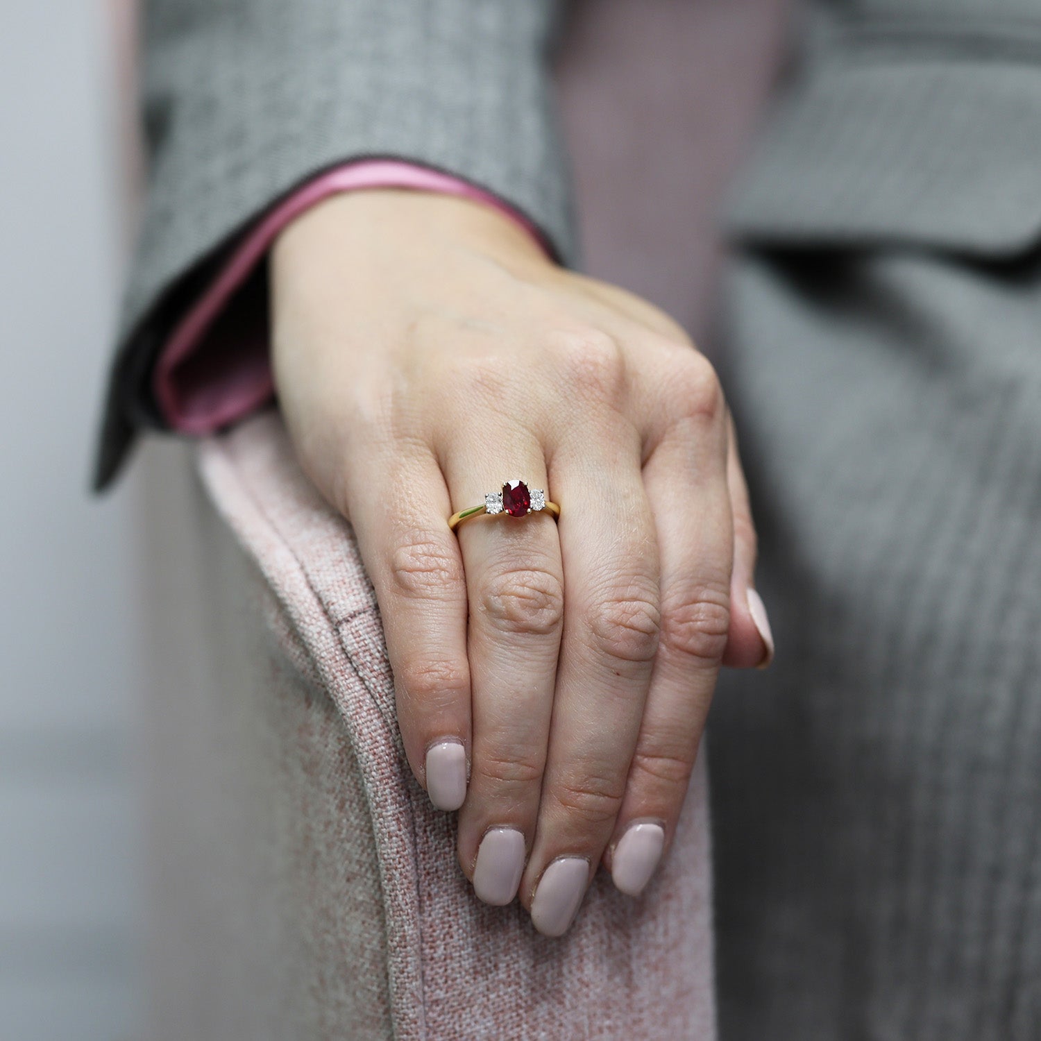 18ct Yellow Gold Oval Cut Ruby And Diamond Three Stone Ring