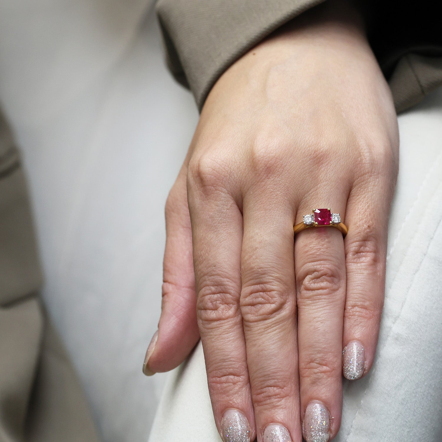 18ct Yellow Gold Square Cut Ruby And Round Brilliant Cut Diamond Three Stone Ring