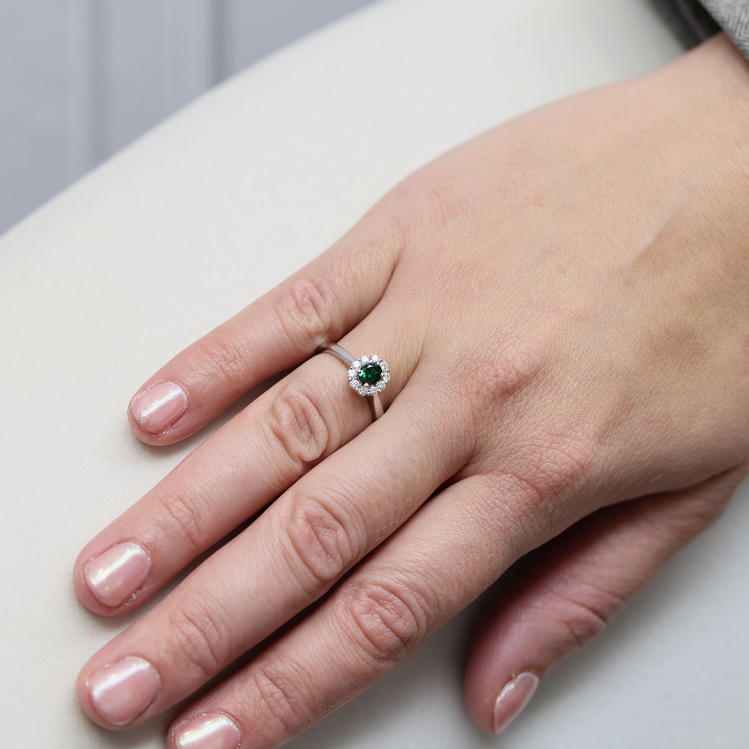 Platinum Oval Cut Tsavorite And Round Brilliant Cut Diamond Cluster Ring