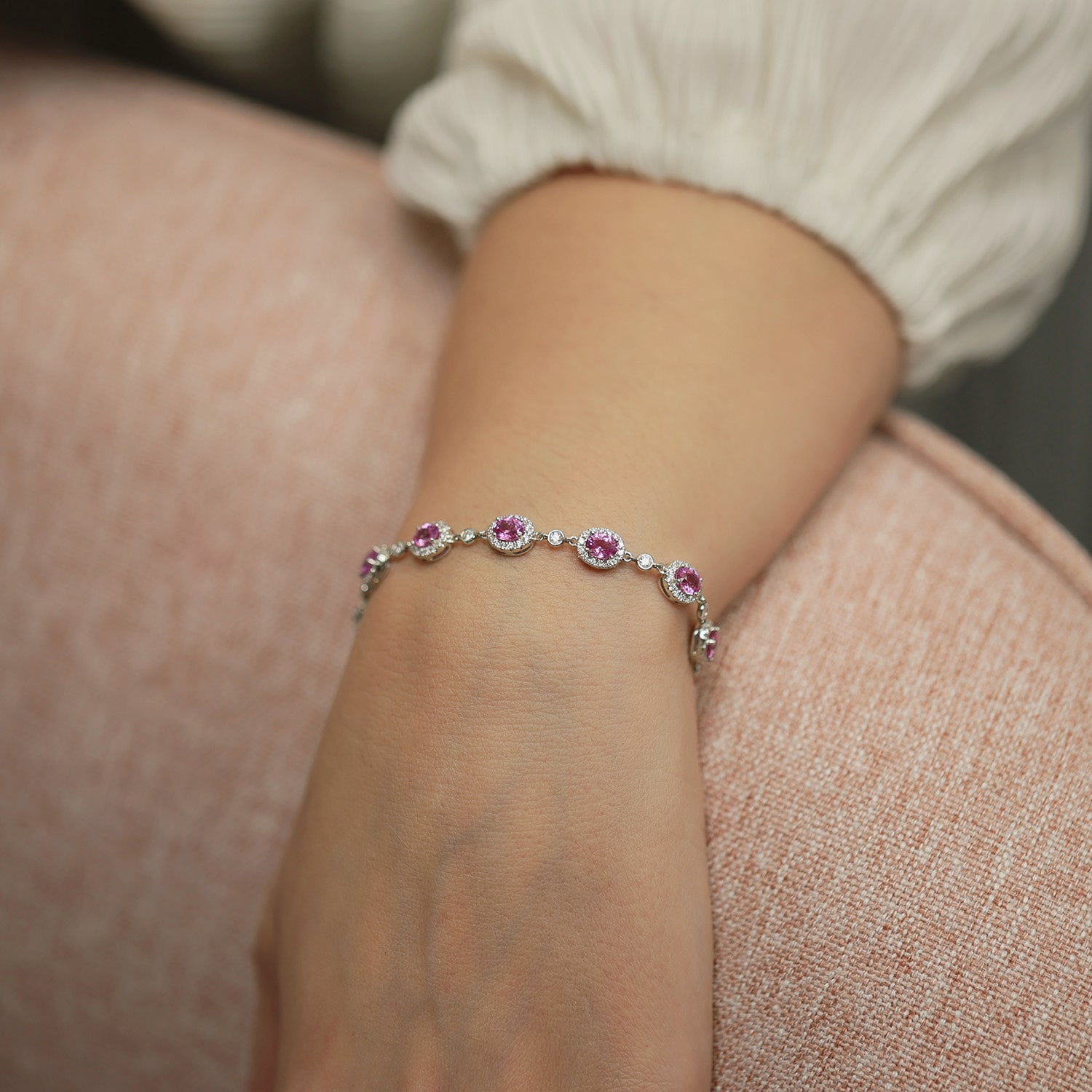 18ct White Gold Oval Pink Sapphire And Diamond Cluster Bracelet