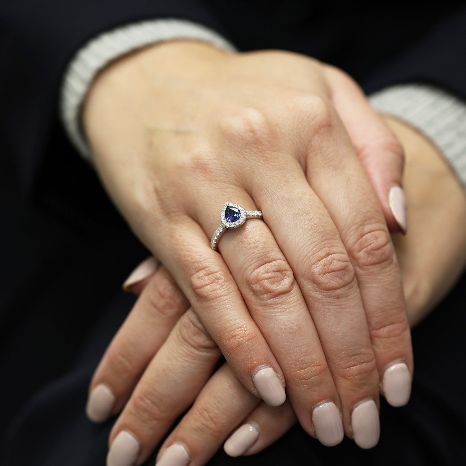 Platinum Pear Sapphire Ring With Diamond Halo Surround And Shoulders