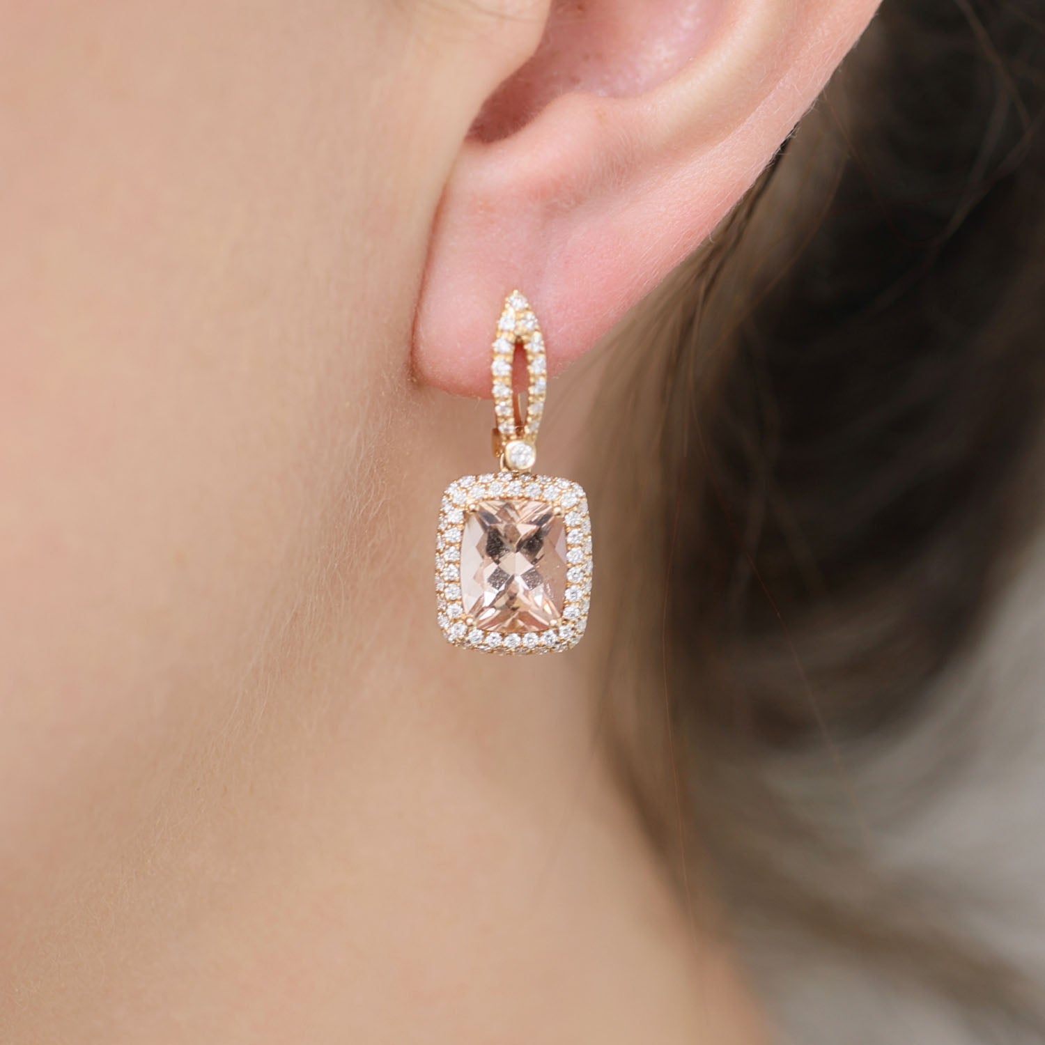 18ct Rose Gold Morganite And Round Brilliant Cut Diamond Drop Earrings