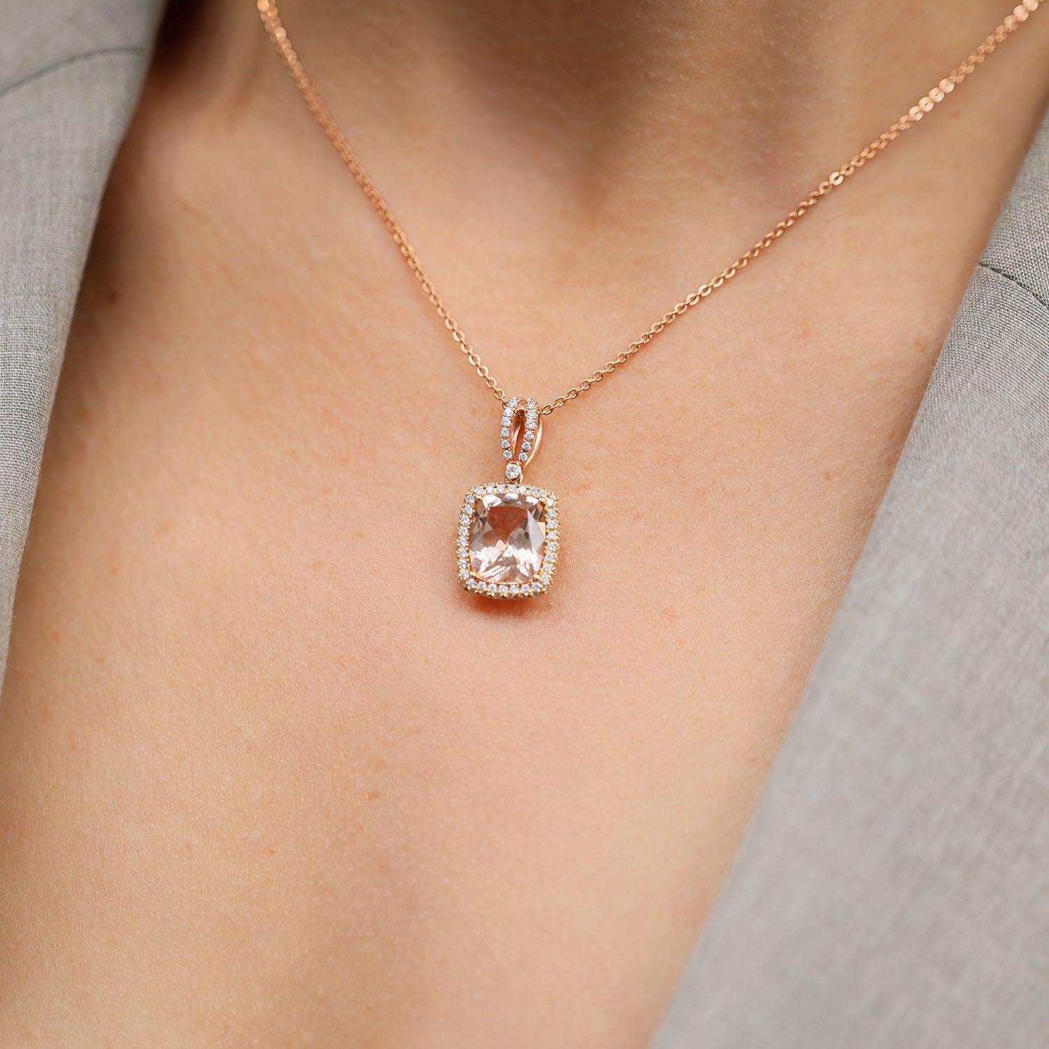 18ct Rose Gold Morganite & Diamond Halo Pendant