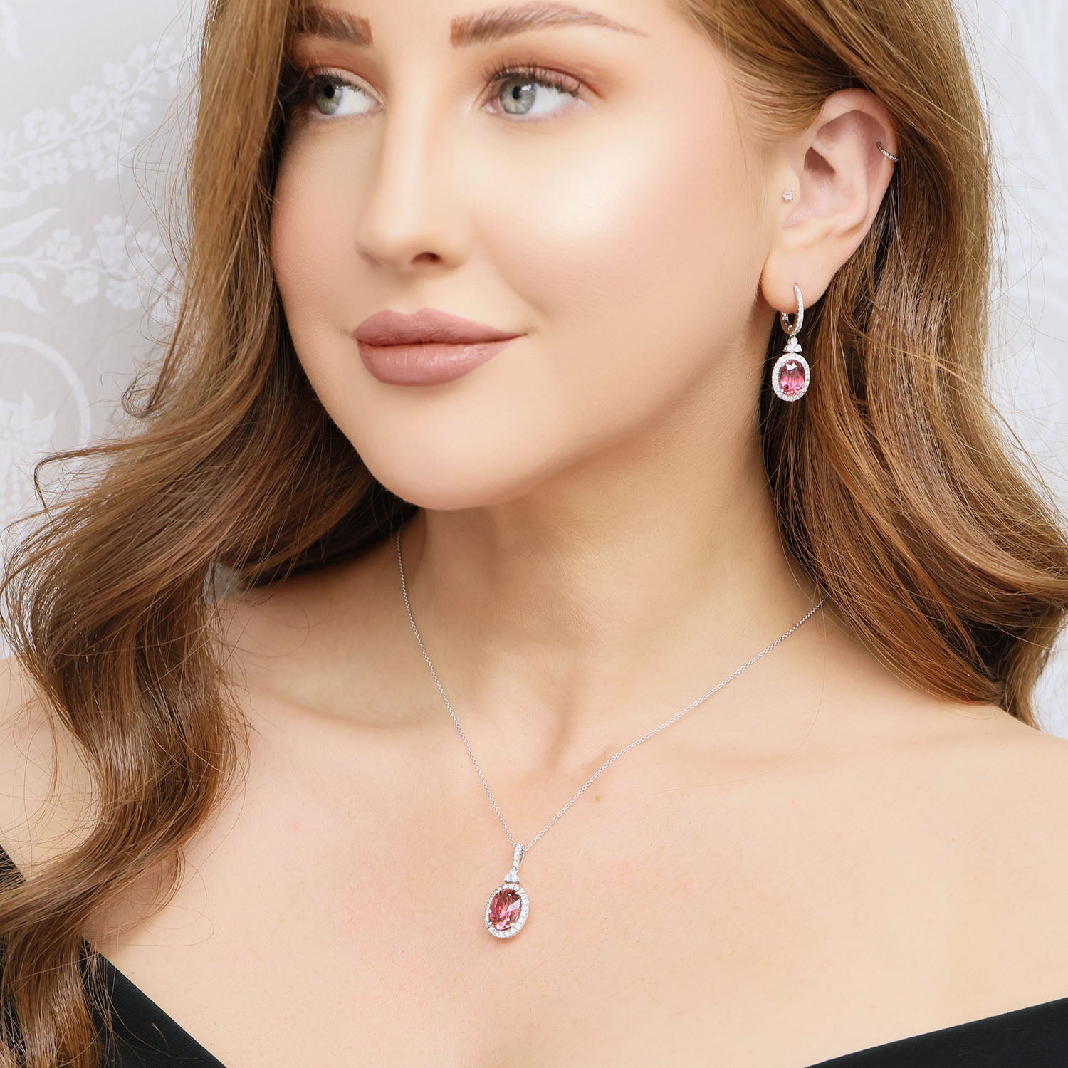 Pink Tourmaline Oval Cut Diamond Halo Pendant