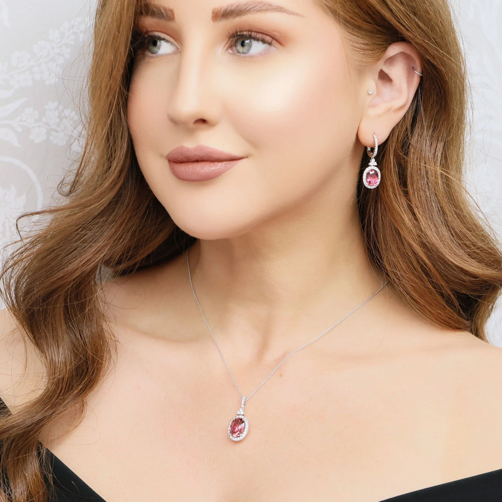 18ct White Gold Pink Tourmaline and Diamond Halo Pendant & Drop Earrings Set