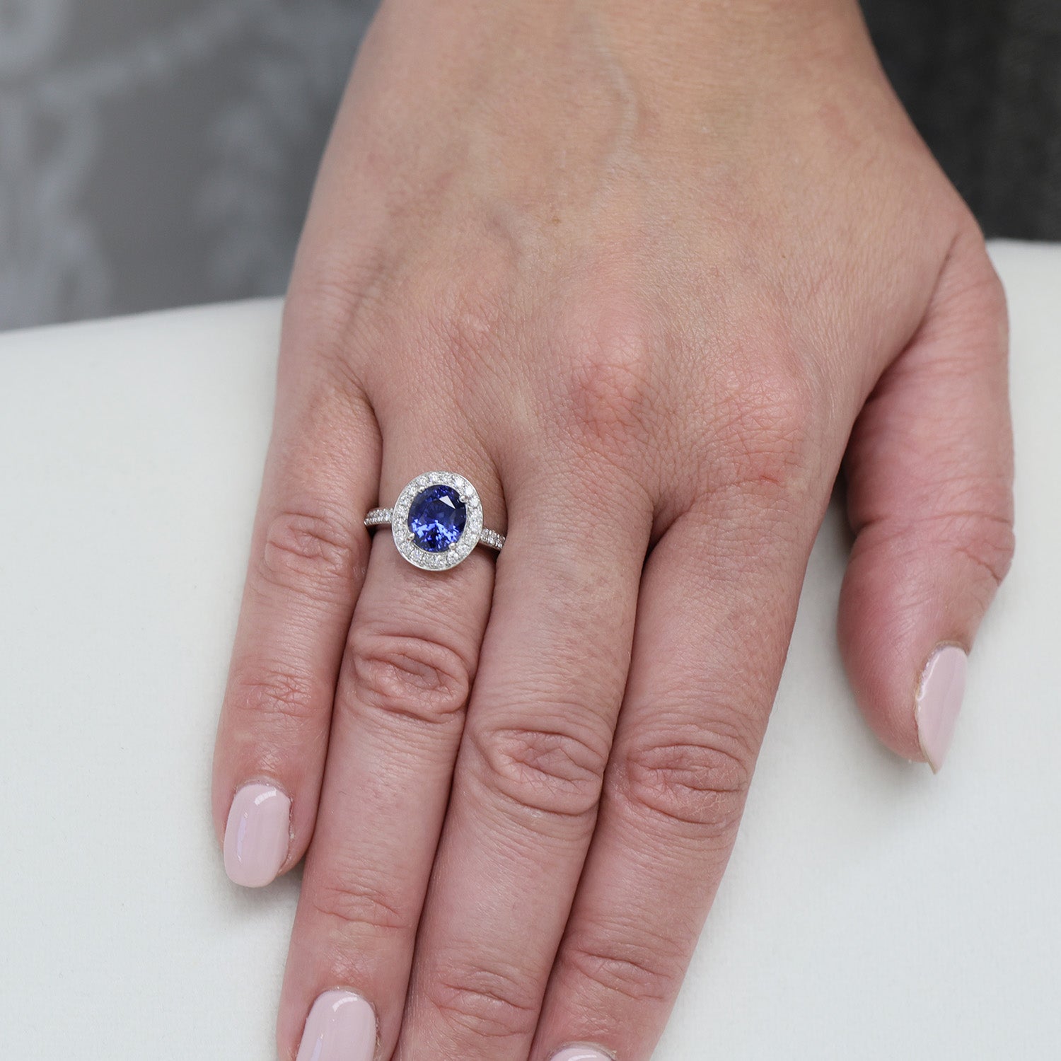 Platinum Oval Sapphire And Diamond Grain Set Halo Cluster Ring With Diamond Shoulders