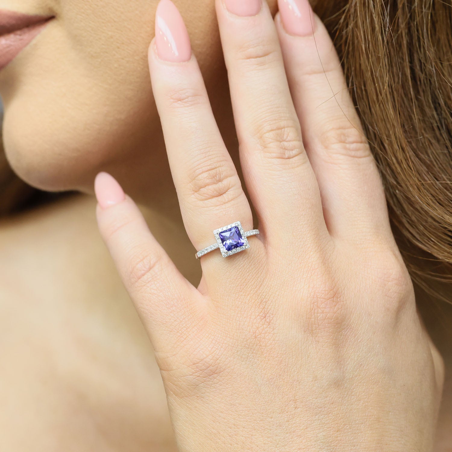 Platinum Square Cut Tanzanite And Diamond Cluster Ring