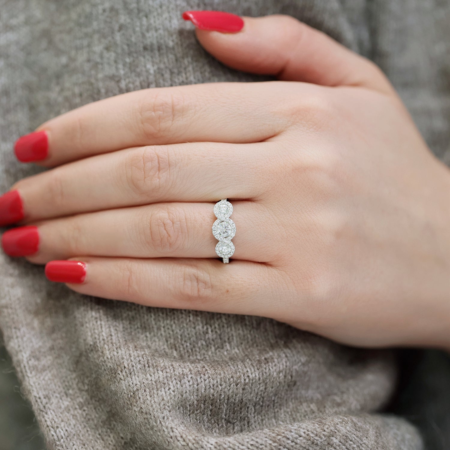 Berry's Platinum Round Brilliant Diamond Fancy Three Stone Ring With A Diamond Halo Surround - Berry's Jewellers