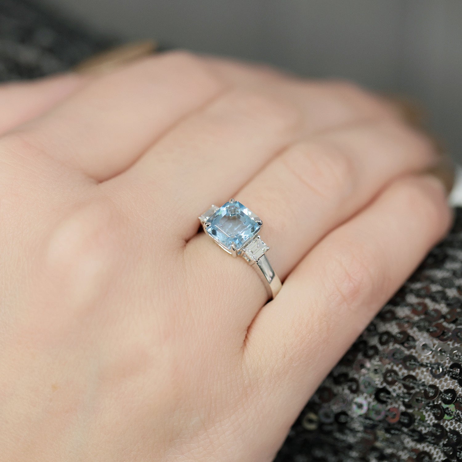 18ct White Gold Aquamarine & Diamond Three Stone Ring