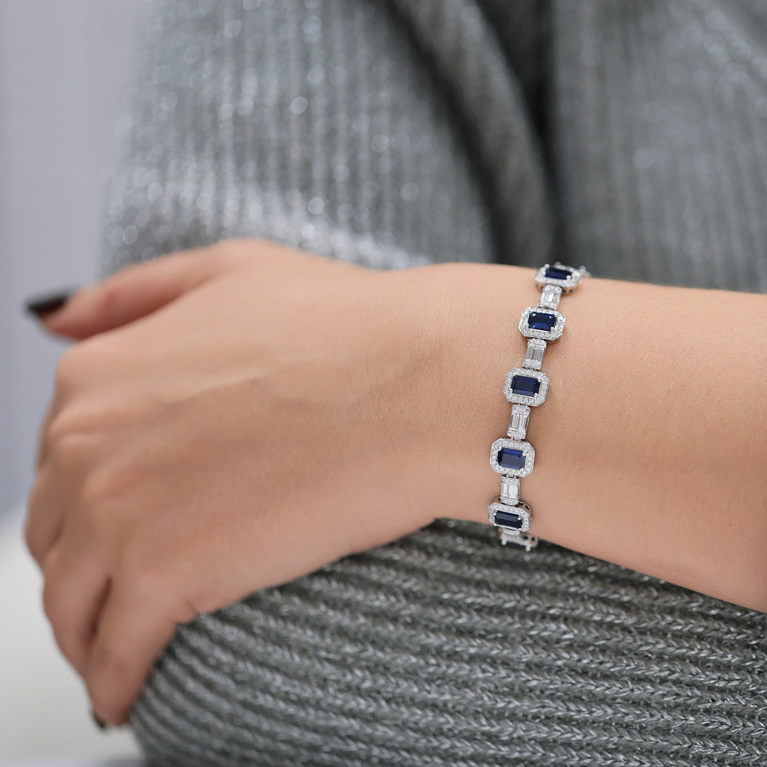 Berry's 18ct White Gold Sapphire And Diamond Halo Vintage Line Bracelet - Berry's Jewellers