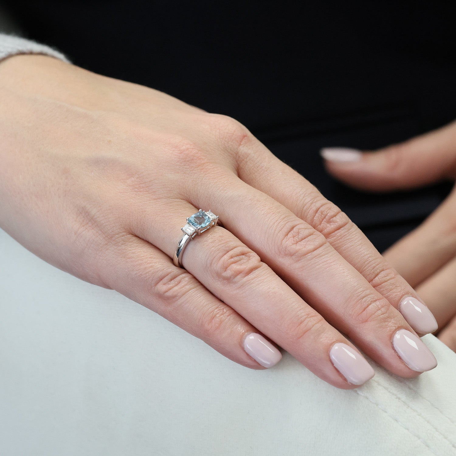 Platinum Aquamarine And Emerald Cut Diamond Three Stone Ring