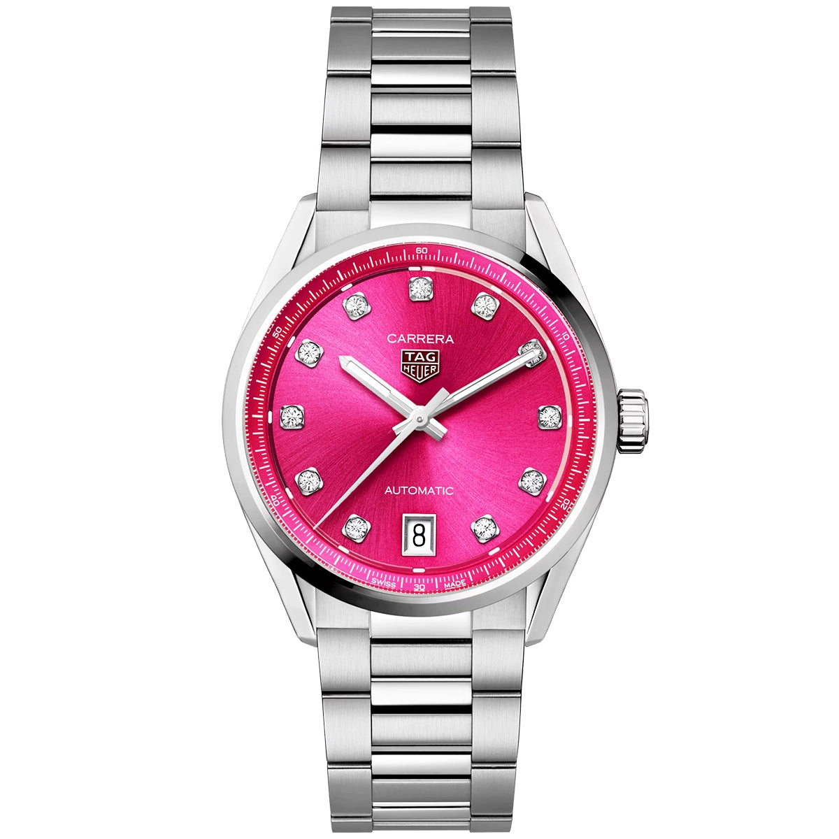 Carrera Date 36mm Vibrant Pink Diamond Dial Ladies Bracelet Watch