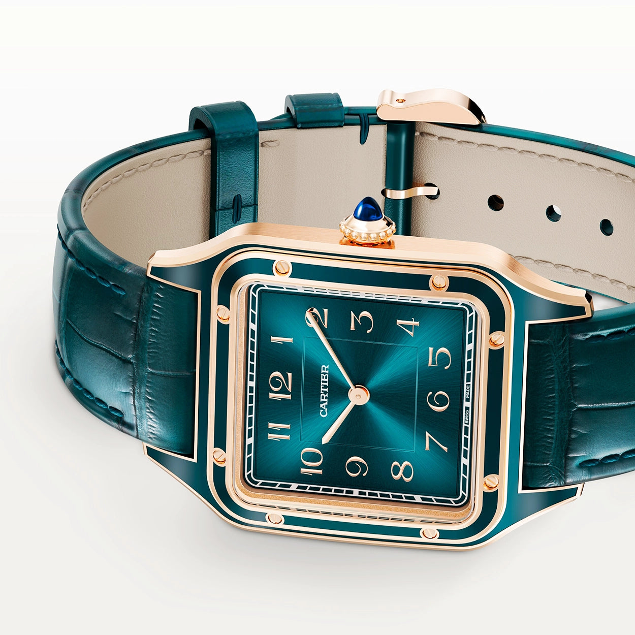 Santos-Dumont Large 18ct Rose Gold Peacock Blue Lacquer Watch