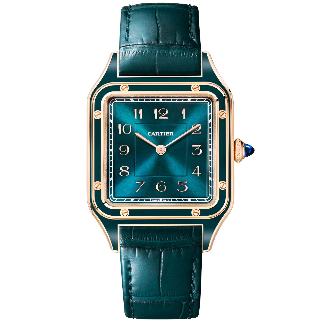 Cartier Santos-Dumont Large 18ct Rose Gold Peacock Blue Lacquer Watch - Berry's Jewellers