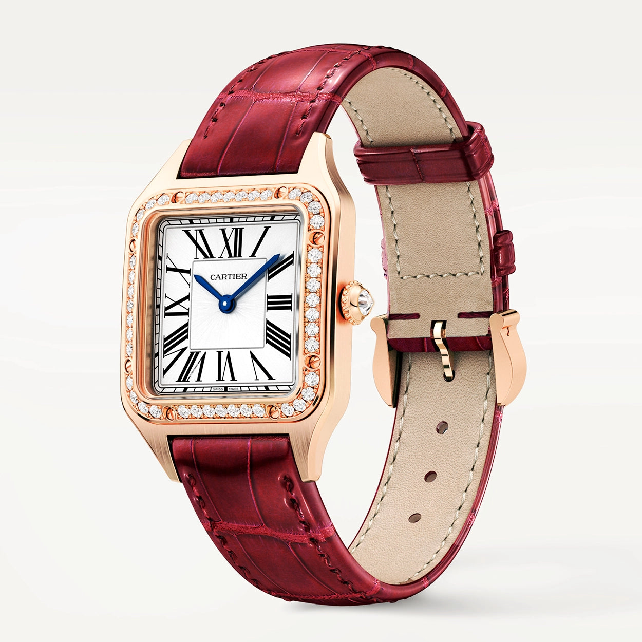 Cartier Santos-Dumont Small 18ct Rose Gold Silver Dial Diamond Set Bezel Strap Watch - Berry's Jewellers